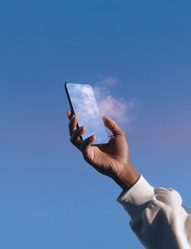A hand holding a phone up against a blue sky